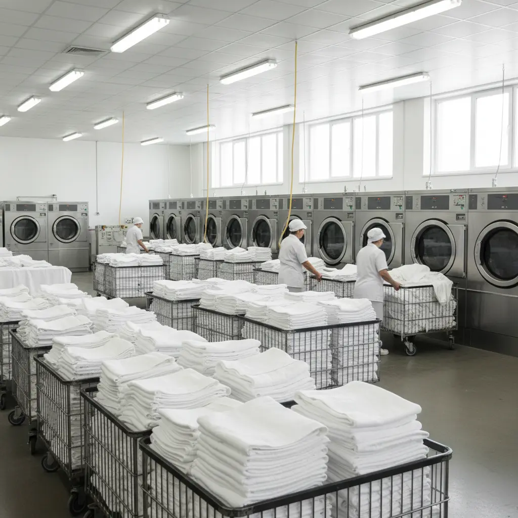Commercial laundry with stacks of linens near industrial machines