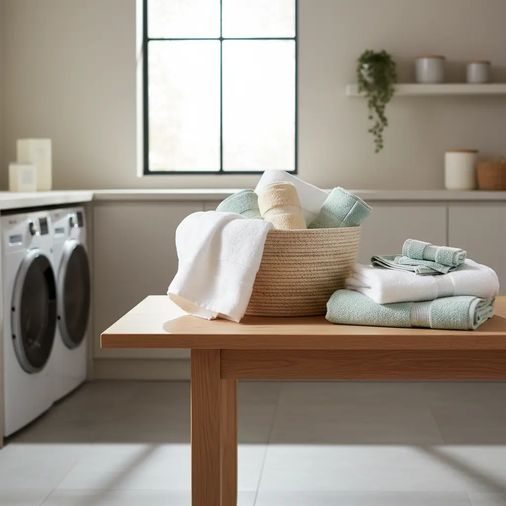 Neatly folded towels in a basket in a bright, clean setting
