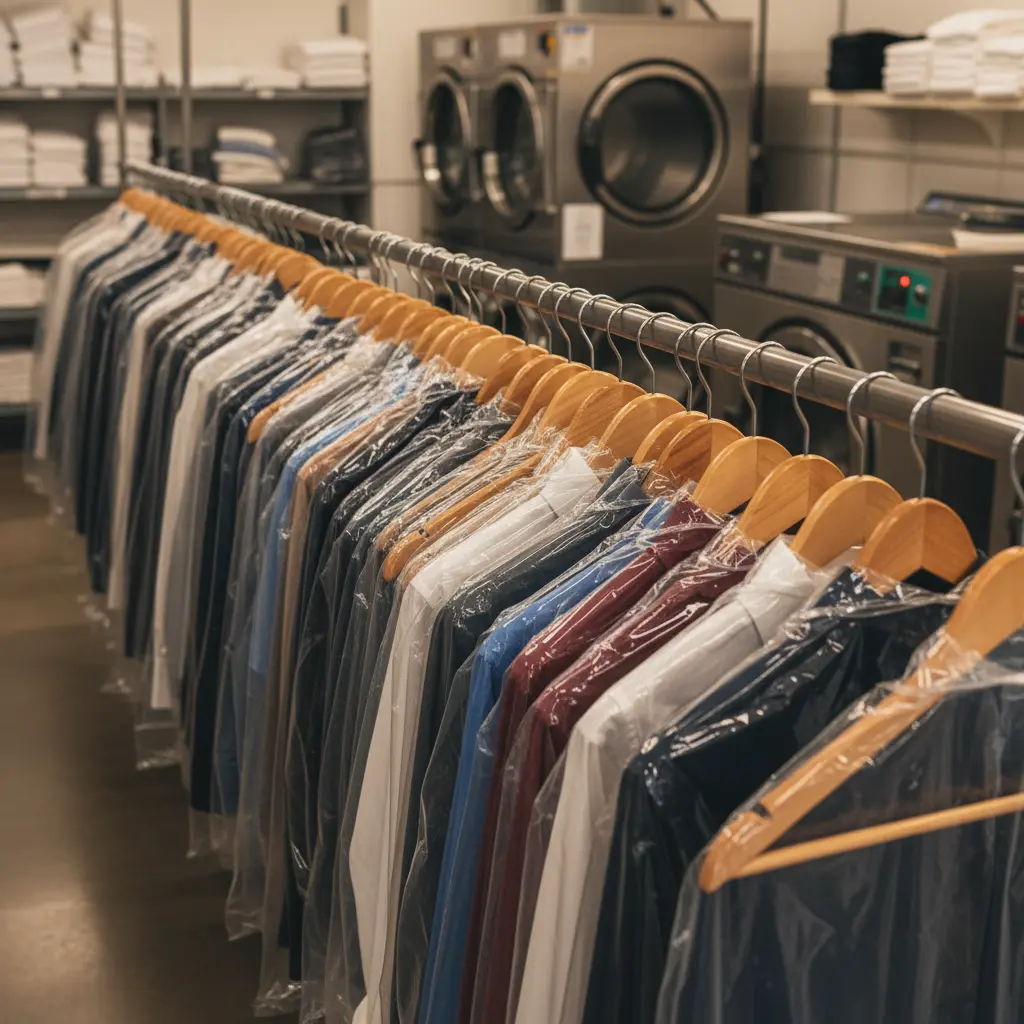 Garments in clear covers on a dry cleaning rack