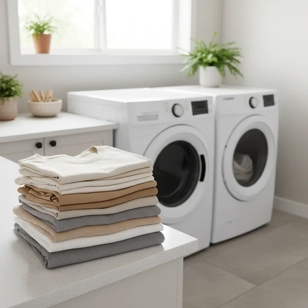 Stack of neatly folded shirts and towels